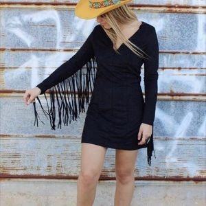 red frilled suede dress